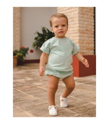 CONJUNTO BEBE BLUSA TOPOS-PANTALON RANA ESTAMPADO MARCA JOSE VARON