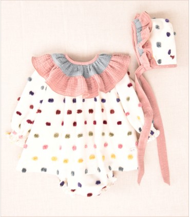 VESTIDO POMPON BEBE TRES PIEZAS MARCA JOSE VARON