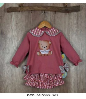 CONJUNTO SUDADERA ESTAMPADO OSO Y BRAGUITA VICHY  MARCA PIO PIO