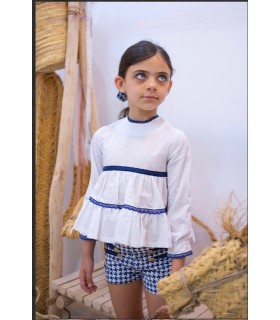 CONJUNTO NIÑA COMPUESTOS DOS PIEZAS CAMISA PISOS RAYAS BLANCAS Y SHORT PATA DE GALLOS MARCA MON PETIT BONBON