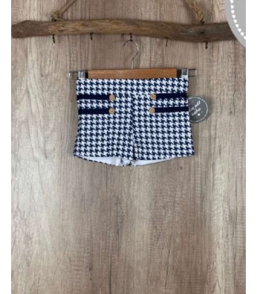 CONJUNTO NIÑA COMPUESTOS DOS PIEZAS CAMISA PISOS RAYAS BLANCAS Y SHORT PATA DE GALLOS MARCA MON PETIT BONBON