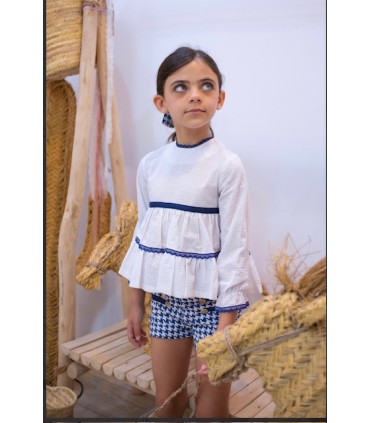 CONJUNTO NIÑA COMPUESTOS DOS PIEZAS CAMISA PISOS RAYAS BLANCAS Y SHORT PATA DE GALLOS MARCA MON PETIT BONBON